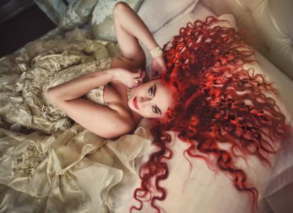 床，新娘，红色，服装，饰品，头发，谎言，看，眼睛