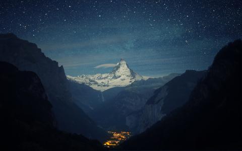 瑞士，阿尔卑斯山，山，晚上，美丽，城市，天空，星星