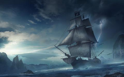 艺术，船舶，帆船，黑暗的背景，幻想，海盗，山，湾，闪电，美丽