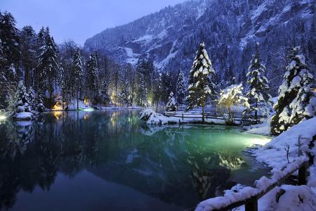 瑞士，冬天，山，树，湖，景观