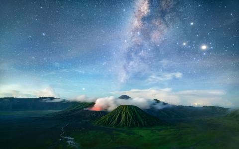 溴，火山，java，tenger，夜晚，银河，星星，印度尼西亚
