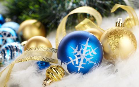 新年，球，蓝色，金，树，丝带，天鹅