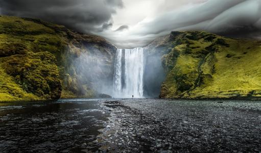 旅行，冰岛，瀑布，自然，山，岩石，河，石头，旅游，极端，天空，阴，冰岛