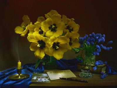 Valentina Kolova，桌子，花瓶，鲜花，郁金香，穆斯卡里，蜡烛，书，卡片，笔，布，墨水瓶