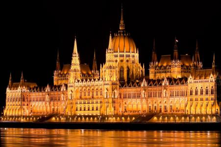 议会，布达佩斯，匈牙利，晚上
