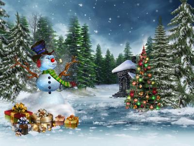 新年，圣诞节，冬天，圣诞树，雪人，云杉，礼物，雪
