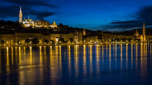 布达佩斯，danai，河，反射，晚上，城市