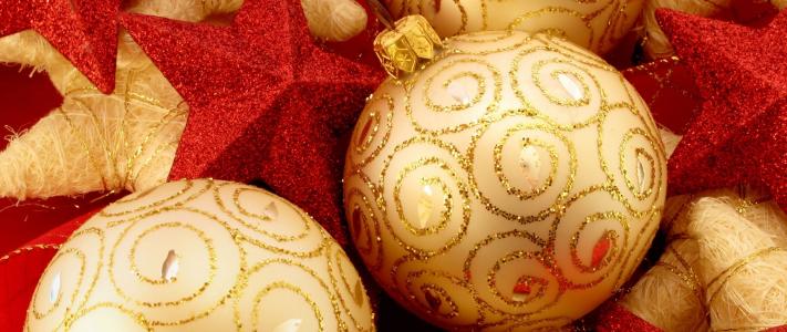 新的一年，圣诞节，球，饰品，星星，红色，黄金