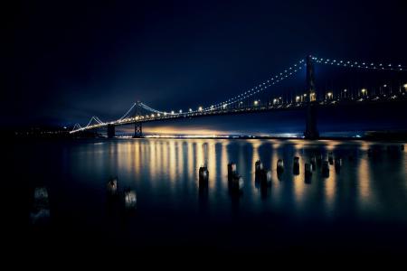 桥，水，灯，美丽，夜晚，天空