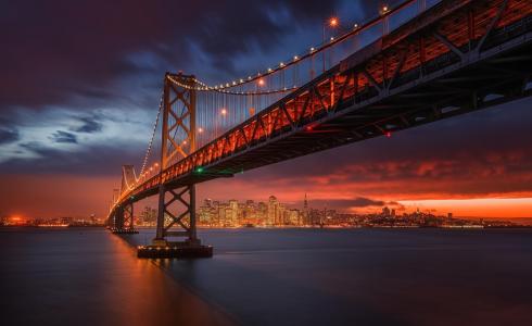 旧金山，城市，桥，晚上，日落，美丽