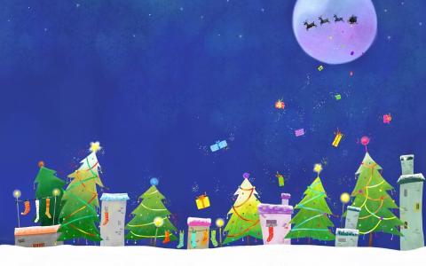 圣诞树，新年，灯泡，礼品，花环，圣诞老人，灯，灯笼，冬天，烟囱，圣诞节，月亮，鹿，假日，房子