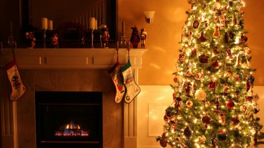 房间，圣诞树，壁炉，新的一年，圣诞节