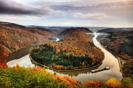 自然，河，通航，弯曲，森林，美丽，秋天，德国