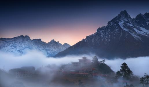 山，喜马拉雅山，早晨雾，腾波修道院，Lyokin