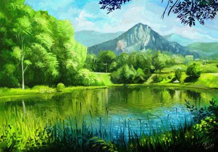 绘画，艺术，夏天，山，自然，池塘，村庄