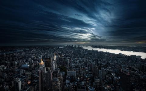 纽约，纽约，城市，美国，曼哈顿，湾，摩天大楼，天空，云，日落
