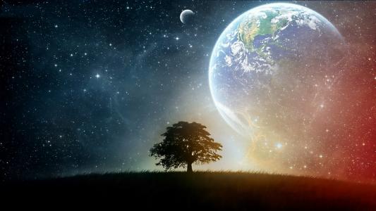 地球，月亮，空间，树，星星