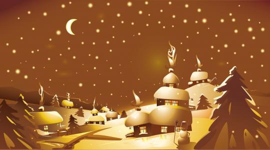 星星，雪，冬天，雪人，月，小山，晚上，圣诞树