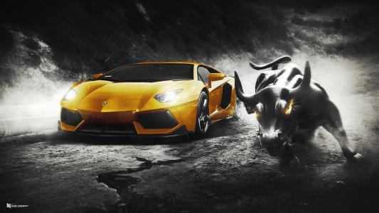 兰博基尼，Aventador，LP700-4，黄色，公牛，超级跑车，墙，设计