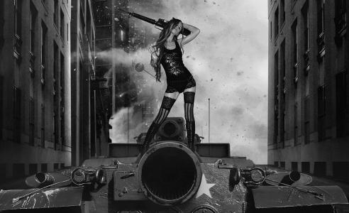 女孩，性感，丝袜，机器，坦克，创意，城市，幻想，爆炸，枪口，黑色和白色背景