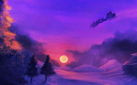 日落，太阳，雪，雪橇，圣诞老人，树木，天空