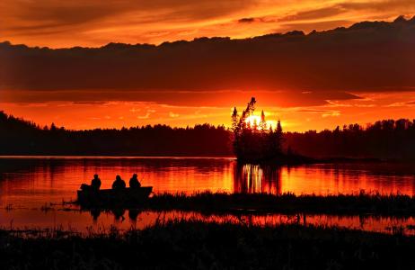 日落，黄昏，暮光之城，渔民，云，天空，湖，颜色，魁北克省，加拿大