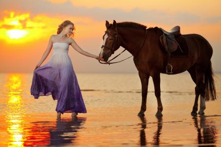 海，日落，女孩，kedet，马