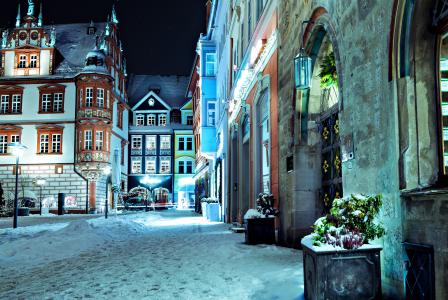 德国，街道，房屋，雪，建筑物，路，德国，晚上