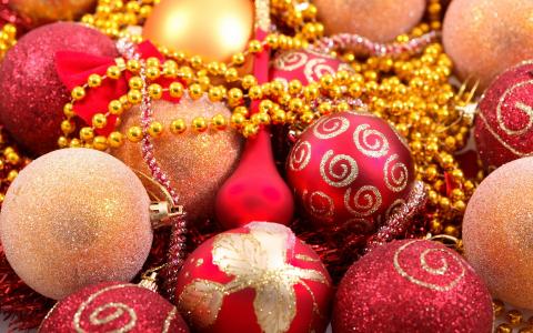 假期，新年，圣诞球，红色，黄金，模式，珠，闪光，亮片