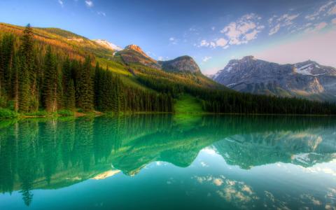 自然，湖，山，水，反射，美丽，森林，天空