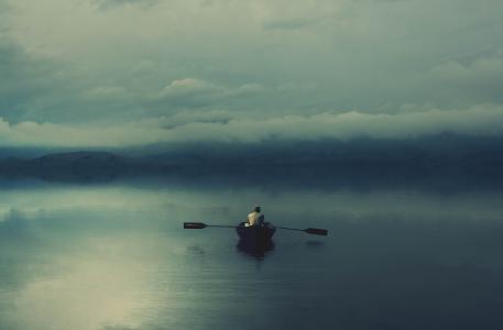 船，渔夫，性质，雾，山，超级照片