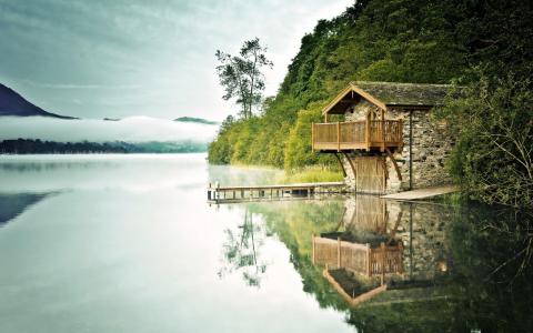 湖，房子，钓鱼，雾，美丽