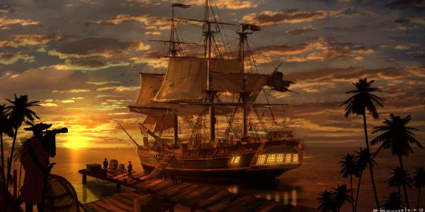 海盗，海洋，港口，供应，日落，棕榈树，云，太阳
