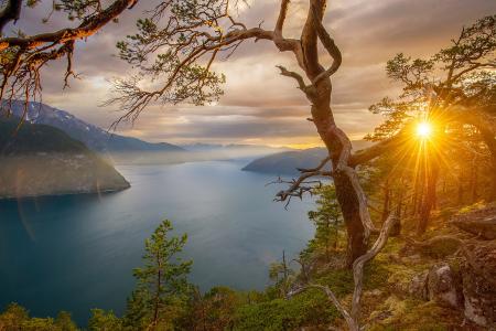 性质，夏天，挪威，峡湾，山，岩石，太阳，光线，日落