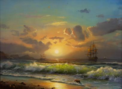 图片，绘画，海，船舶，帆船，天空，日落，海滩，波浪，美丽，太阳，山