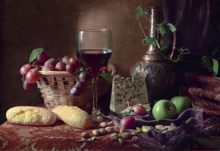 阿纳斯塔西娅Soloviova，桌子，床罩，布，服务，篮子，浆果，葡萄，水果，苹果，奶酪，小圆面包，坚果，玻璃，酒，酒