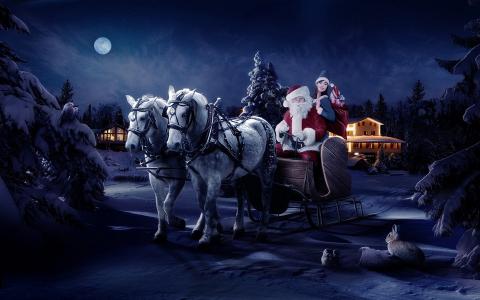 马，雪，新年，圣诞老人，月亮，夜