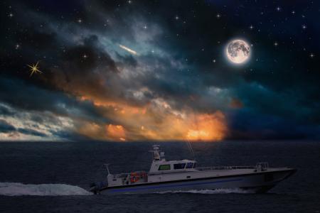 海，船，晚上，月亮，发光，云，星星，photoshop