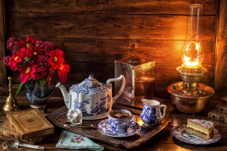 静物，茶壶，花束，茶，蛋糕，灯，杯