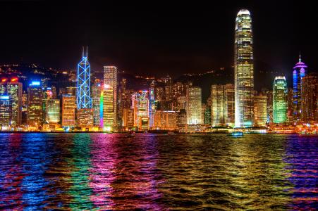 香港，反思，城市，晚上，灯