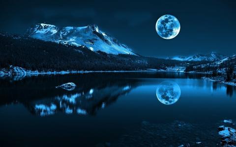 月亮，湖，晚上，山，森林，雪，阴影，镜子