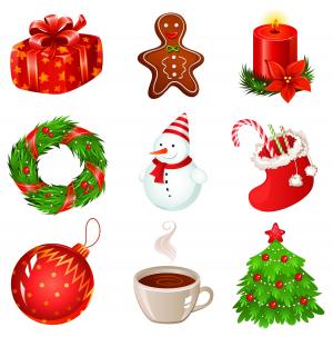 新年的图纸，符号，纪念品，饼干，蜡烛，花圈，雪人，袜子是不是我们的，一个球，咖啡和一棵圣诞树