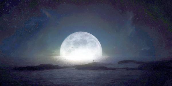 晚上，月亮，海，男人，剪影