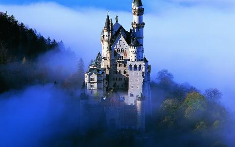 德国，山，雾，城堡，灰色的石头