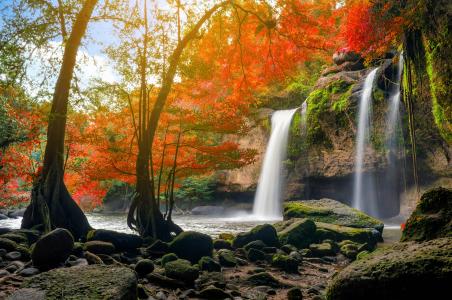 瀑布，树木，景观，秋季，泰国