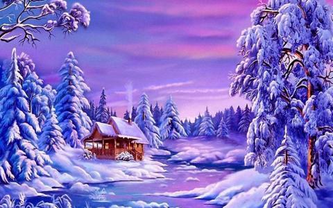 冬天，树木，雪，河，房子