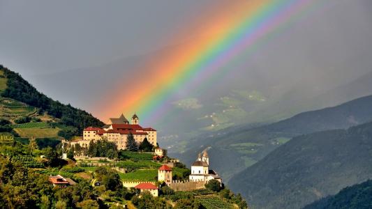 城堡，山，彩虹
