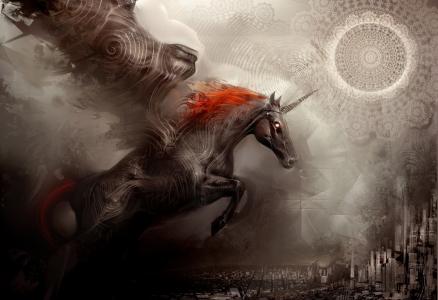 马，独角兽，幻想，壁纸，城市
