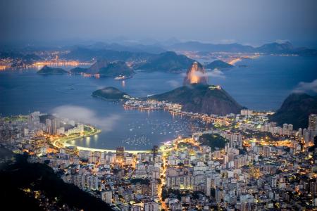 巴西，里约热内卢，海，海岸，晚上，灯