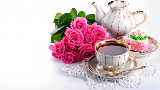 玫瑰，茶，蛋糕，茶碟，茶壶，餐巾